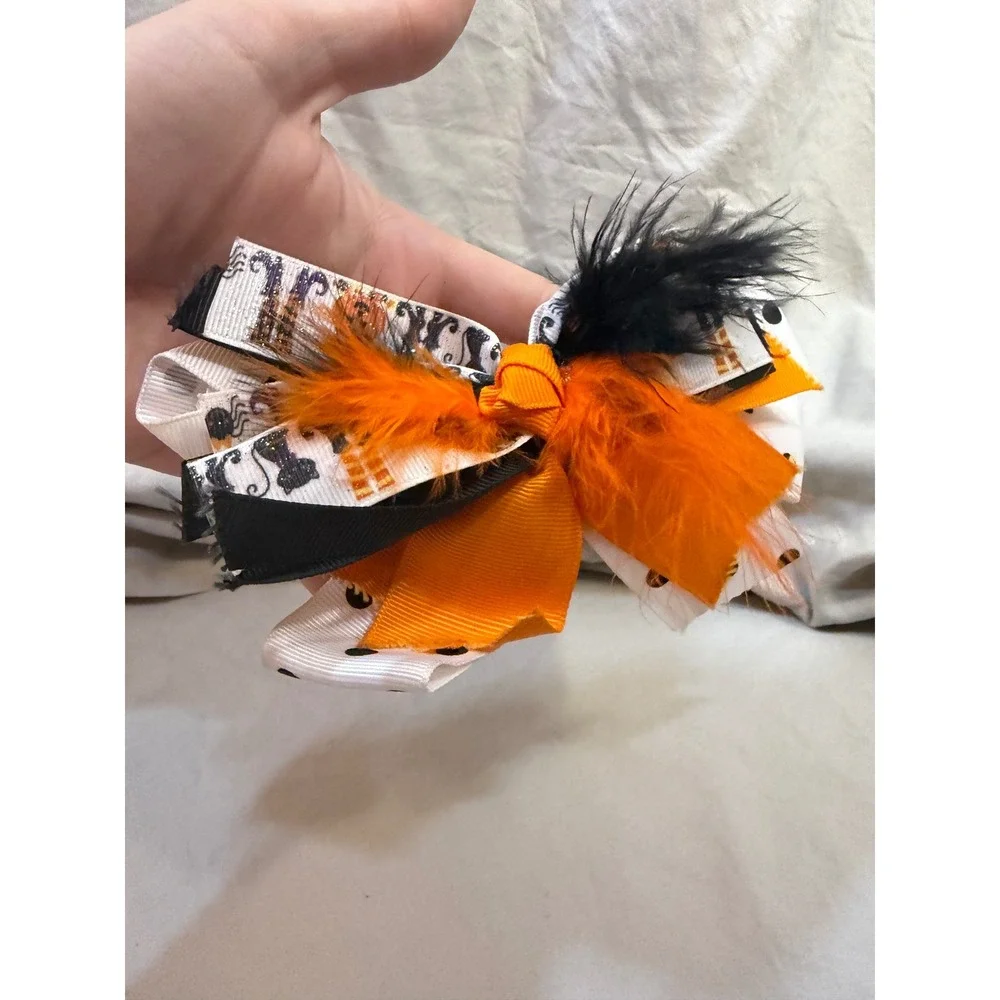 Halloween Boutique Hair Bow Orange Black White Pumpkin Feather Alligator Clip